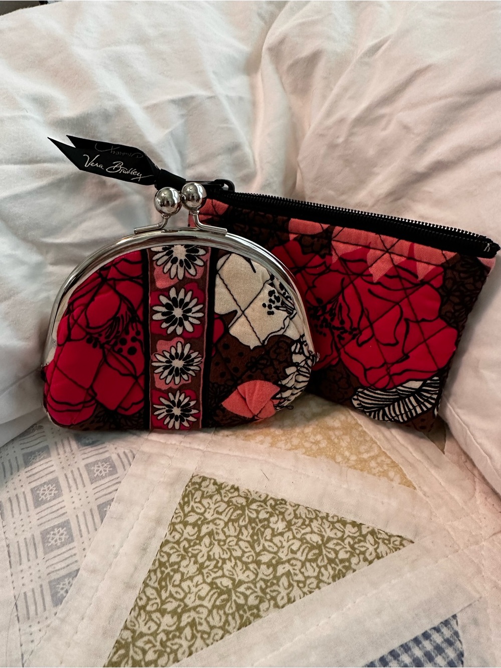 Vera Bradley Pink and Red Floral Quilted Coin Purse & Zip Pouch Set